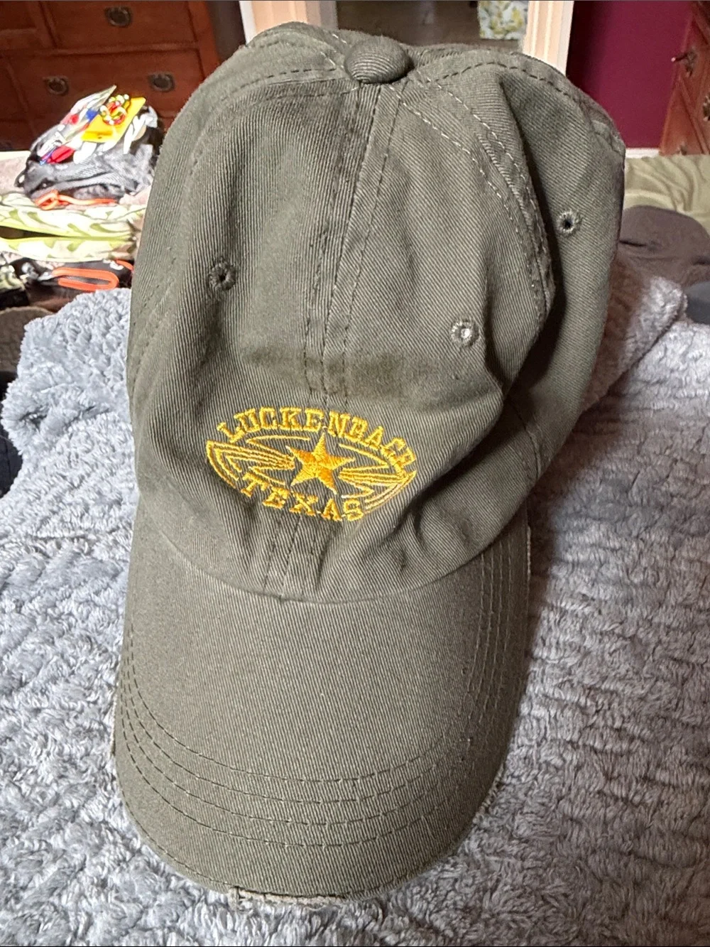 Lukenbach Texas Olive Green Baseball Cap with Yellow Embroidery small